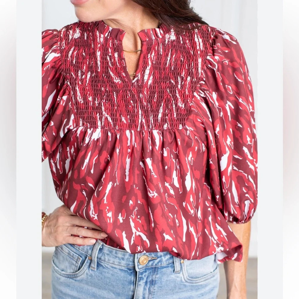 Michelle McDowell Red & White Jona Game‎ Day Blouse. Size Large.